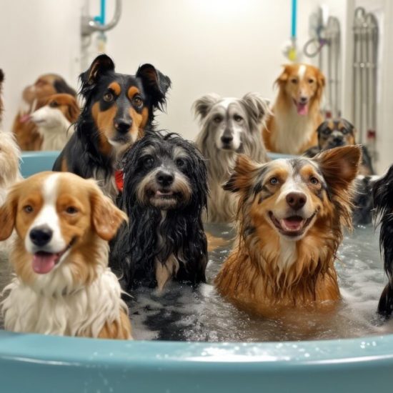 Portraying dogs of different breeds being playfully washed and dried in a daycare spa setting, emphasizing cleanliness and socialization. Generative AI